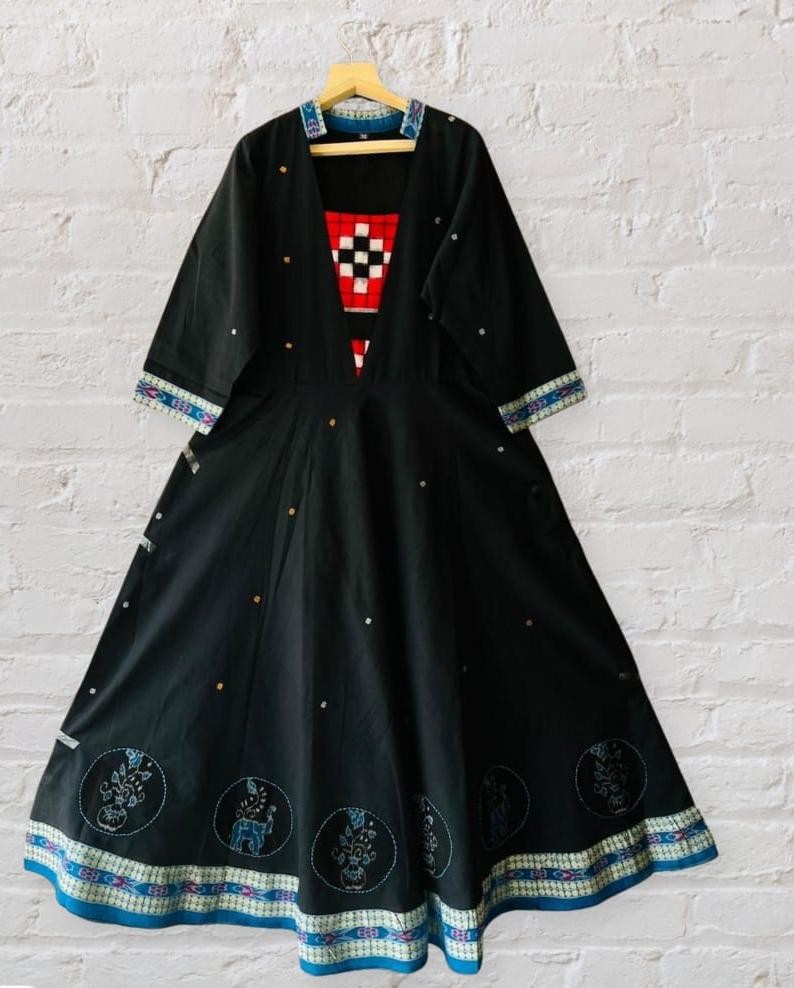 Black Cotton Embroidered Designer Gown